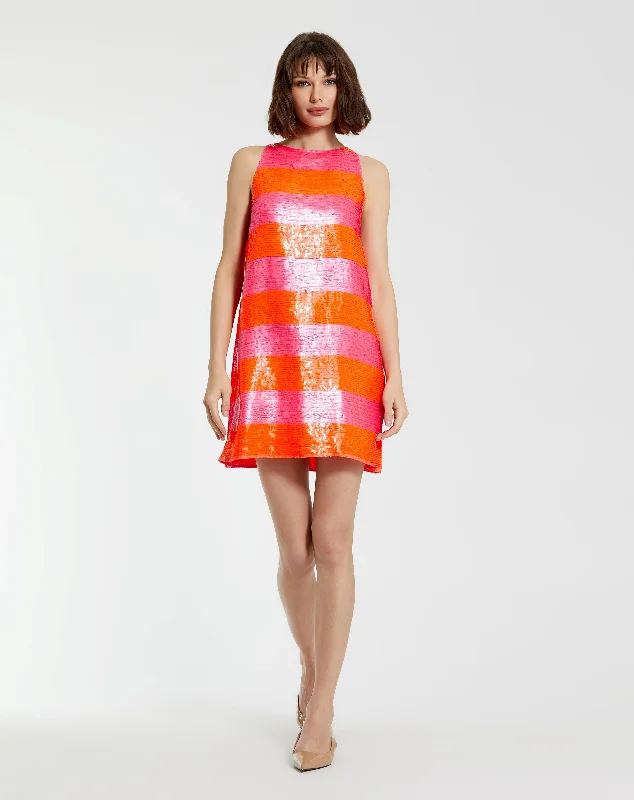 Sparkly Dress Sequin Striped Sleeveless Trapeze Mini Dress - FINAL SALE