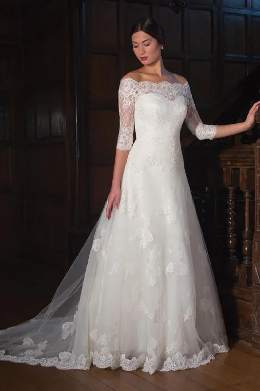 Sparkly Dress A-Line 3-4-Sleeve Off-The-Shoulder Lace&Tulle Wedding Dress With Illusion-MK_703047 Sparkly Dress A-Line 3-4-Sleeve Off-The-Shoulder Lace&Tulle Wedding Dress With Illusion-MK_703047