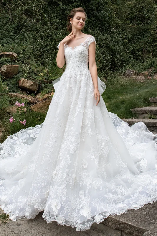 High-Low Dress A-Line Cathedral Train Tulle Lace Wedding Dress CW2389