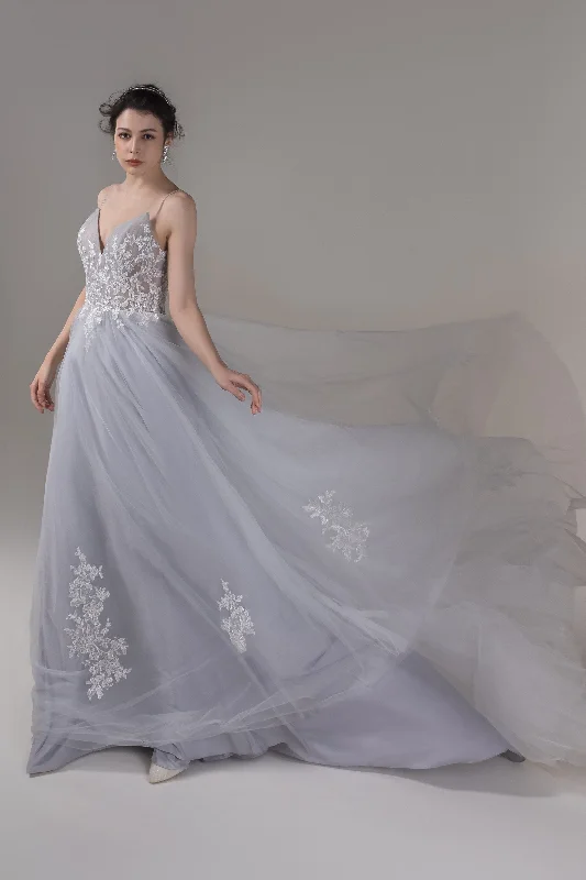 Chiffon Dress A-Line Chapel Train Lace Tulle Wedding Dress CW2807