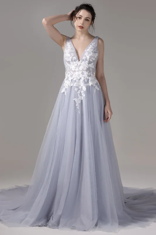 Cocktail Dress A-Line Court Train Lace Tulle Wedding Dress CW2813
