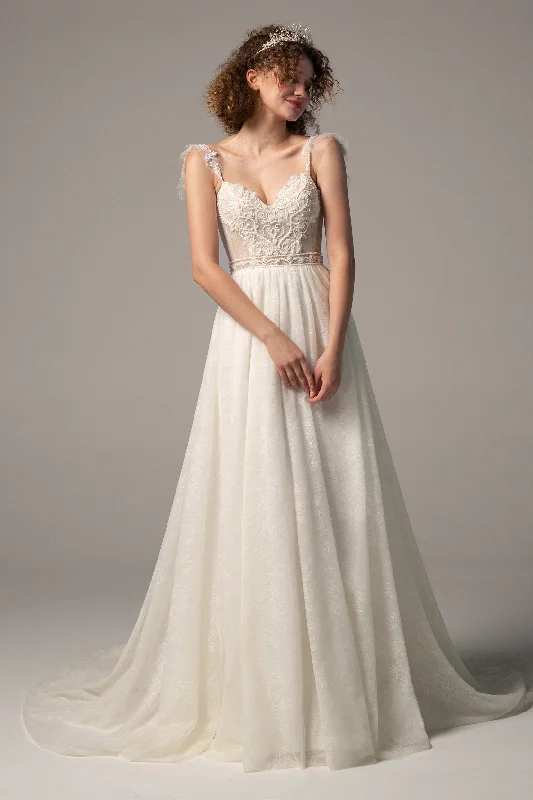 Draped Satin Gown A-Line Court Train Lace Wedding Dress CW2378