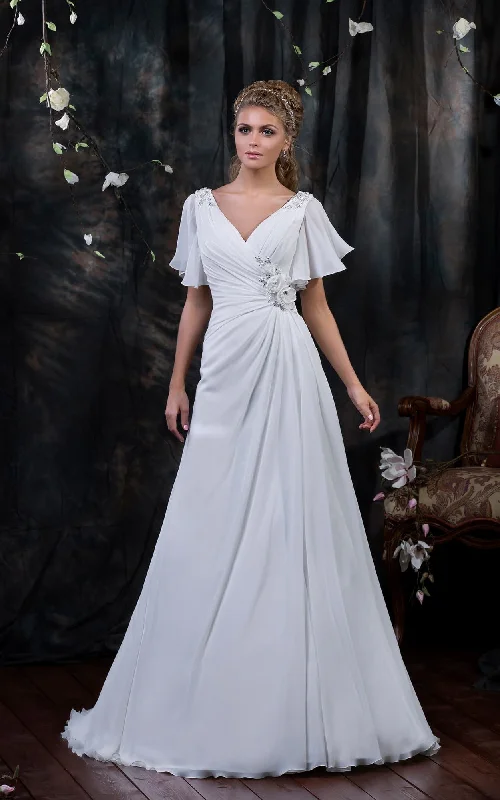 Dainty Chiffon Dress A-Line Floor-Length V-Neck Poet-Sleeve Corset-Back Chiffon Dress With Side Draping And Flower-714362 Dainty Chiffon Dress A-Line Floor-Length V-Neck Poet-Sleeve Corset-Back Chiffon Dress With Side Draping And Flower-714362