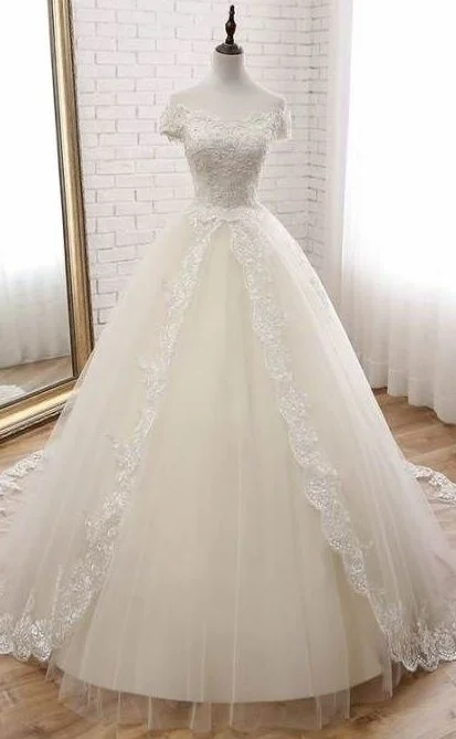 V-Neck Dress A Line Lace Wedding Dresses Lace Poofy Evening Dress       fg4878