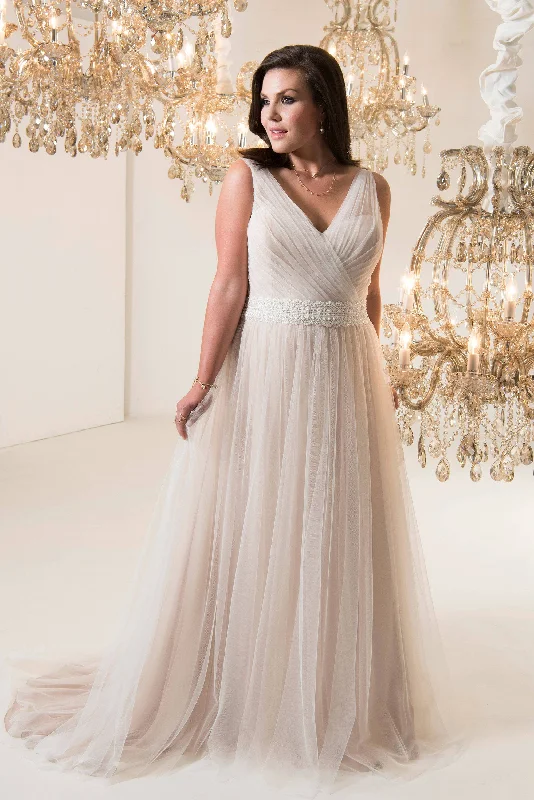 Deep V-Neck Dress A-Line Long V-Neck Sleeveless Tulle Brush Train Corset Back Waist Jewellery Dress-714678 Deep V-Neck Dress A-Line Long V-Neck Sleeveless Tulle Brush Train Corset Back Waist Jewellery Dress-714678