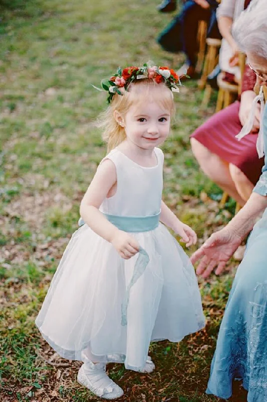 Fancy Embellished Dress A-line Satin Tulle Belted Simple Flower Girl Dress Country