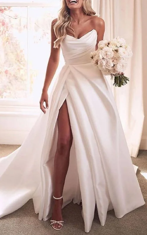 Draped Gown A-Line Strapless Satin Wedding Dress Simple Casual Elegant Adorable Garden With Open Back And Ruching And Split Front-716756 Draped Gown A-Line Strapless Satin Wedding Dress Simple Casual Elegant Adorable Garden With Open Back And Ruching And Split Front-716756