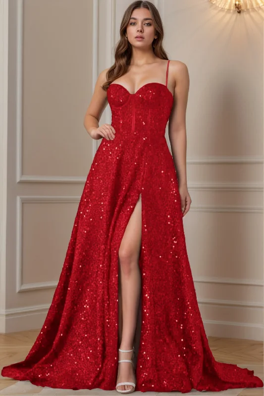 Draped Satin Gown A-Line Sweep-Brush Train Sequined Prom Dress CS0404