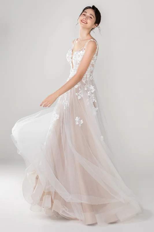 Ruched Satin Dress A-Line Sweep-Brush Train Tulle Lace Wedding Dress CW2534