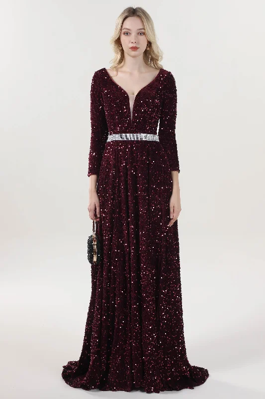 One-Shoulder Gown A-Line Sweep-Brush Train Velvet Sequin Formal Dress CS0636