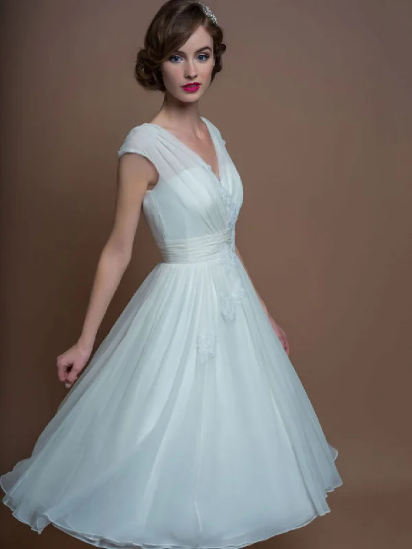 Velvet Evening Dress A-Line V-Neck Tea-Length Cap-Sleeve Appliqued Tulle Wedding Dress With Ruching-MK_705299 Velvet Evening Dress A-Line V-Neck Tea-Length Cap-Sleeve Appliqued Tulle Wedding Dress With Ruching-MK_705299