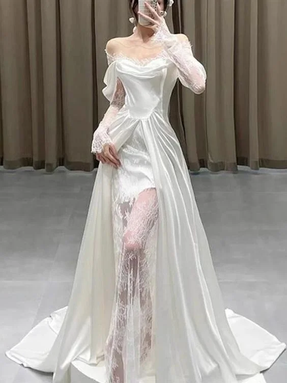 Floral Embroidery Dress A Line Wedding Dress Long Satin Prom Dresses    fg3303