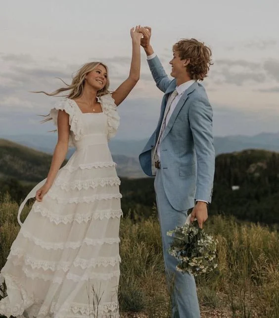 Off-White Gown A Line Wedding Dress Long Square Neck Bridal Dresses    fg3301