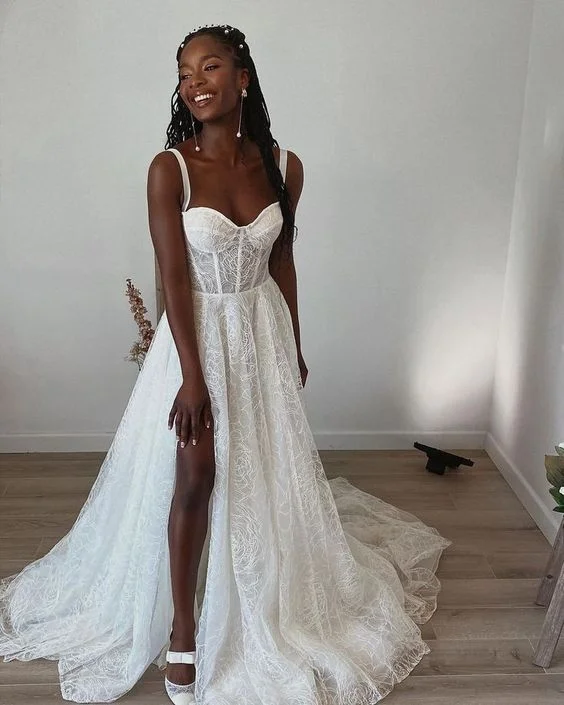 Chiffon Dress A-line Lace Wedding Dress With Straps   fg5355