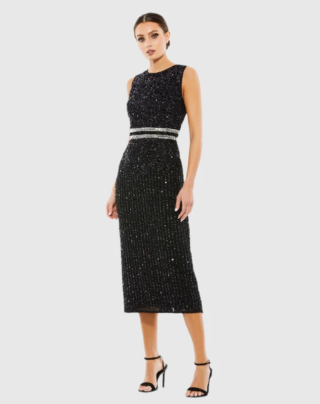 Vintage Lace Dress Black Sleeveless High Neck Beaded Midi Sheath Dress
