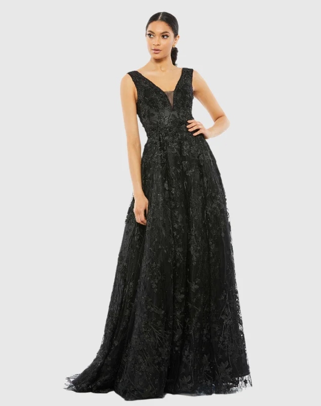 Fancy Evening Dress Floral Embroidered Illusion V-Neck Gown