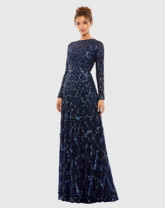 Maxi Formal Dress Embellished Illusion High Neck Long Sleeve A Line Gown
