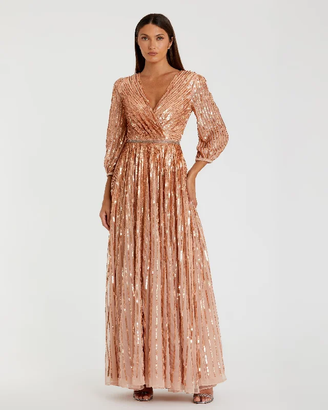 One-Shoulder Gown Sequined Wrap Over 3/4 Sleeve Gown