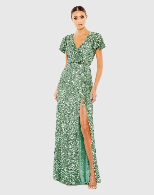 Ruffled Dress Sequined Wrap Over Butterfly Sleeve Draped Gown