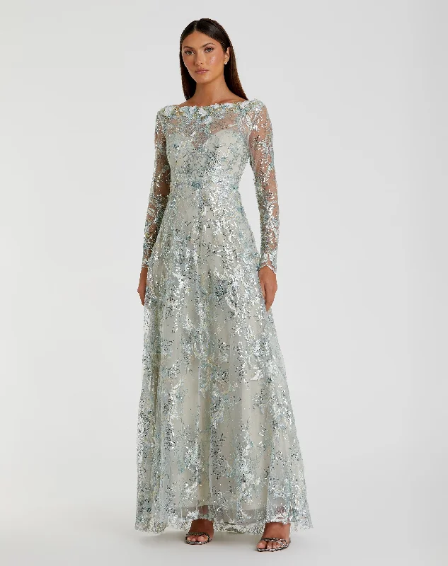 Regal Ball Gown Floral Embroidered Illusion Long Sleeve Gown