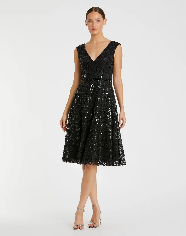 Empire Gown Sequined V Neck Cap Sleeve Dress