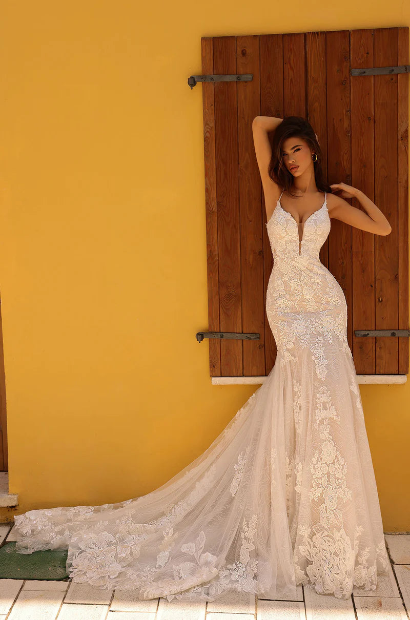 Fringe Gown Amarra Bridal 84210 "Carmen" Mermaid Plunging Neckline Floral Embroidered Spaghetti Strap Train Wedding Gown Fringe Gown Amarra Bridal 84210 "Carmen" Mermaid Plunging Neckline Floral Embroidered Spaghetti Strap Train Wedding Gown