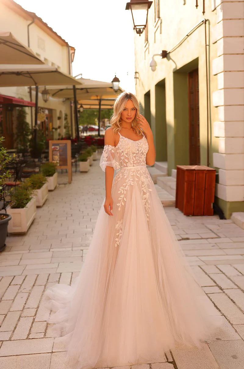 Embroidered Gown Amarra Bridal 84226 Maddie A-line Ballgown Sheer Floral Bodice Scoop Neck Spaghetti Strap Optional Puff Sleeves Train Wedding Gown Embroidered Gown Amarra Bridal 84226 Maddie A-line Ballgown Sheer Floral Bodice Scoop Neck Spaghetti Strap Optional Puff Sleeves Train Wedding Gown