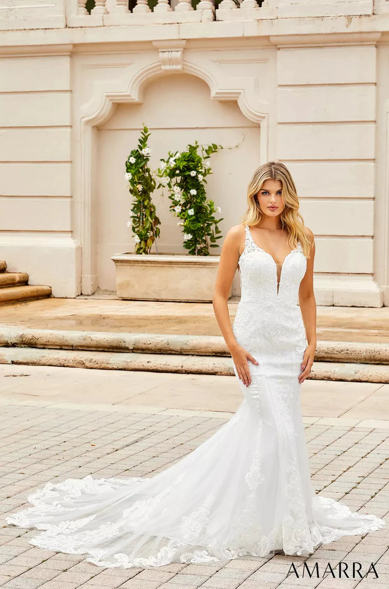 Beaded Dress Amarra Bridal 84370 Summer Mermaid Plunging Neckline Open Back Floral Lace Train Wedding Gown Beaded Dress Amarra Bridal 84370 Summer Mermaid Plunging Neckline Open Back Floral Lace Train Wedding Gown