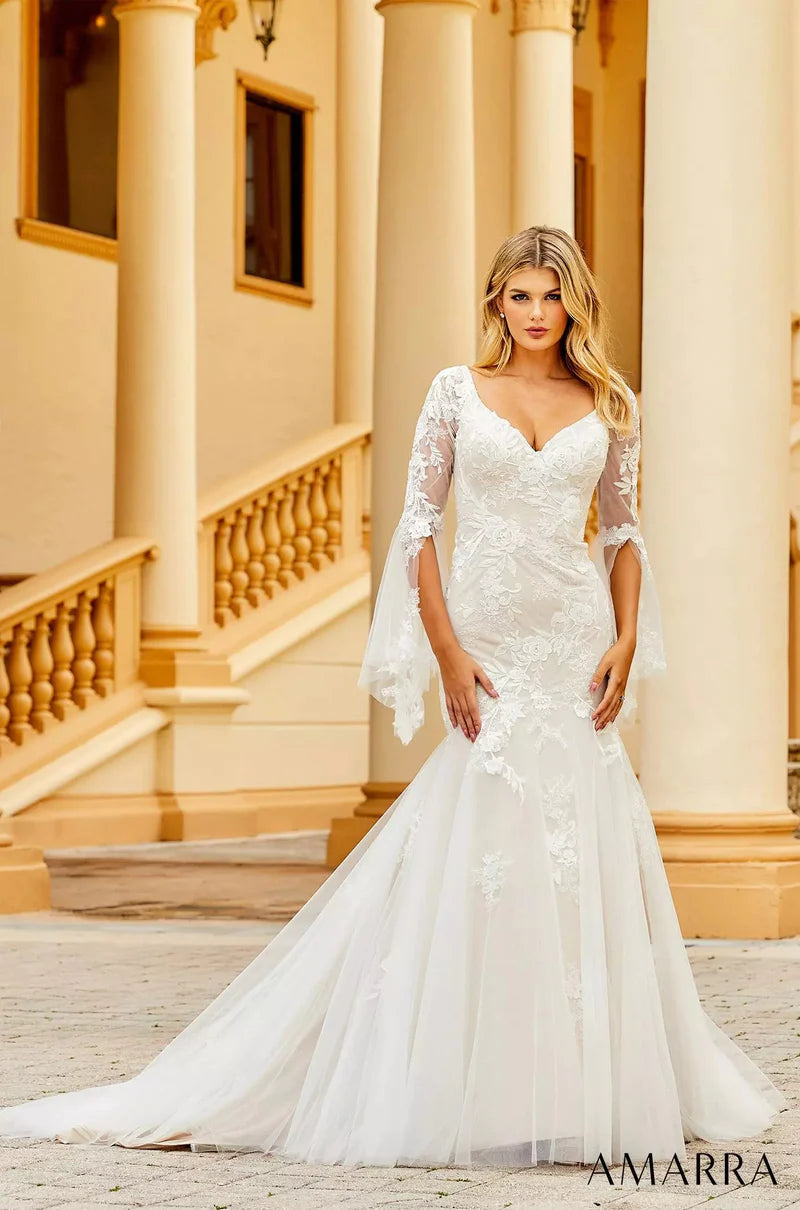 Bow Detail Dress Amarra Bridal 84386 "Anna" Mermaid V-Neck Sheer Floral Long Sleeve Train Wedding Dress Bow Detail Dress Amarra Bridal 84386 "Anna" Mermaid V-Neck Sheer Floral Long Sleeve Train Wedding Dress