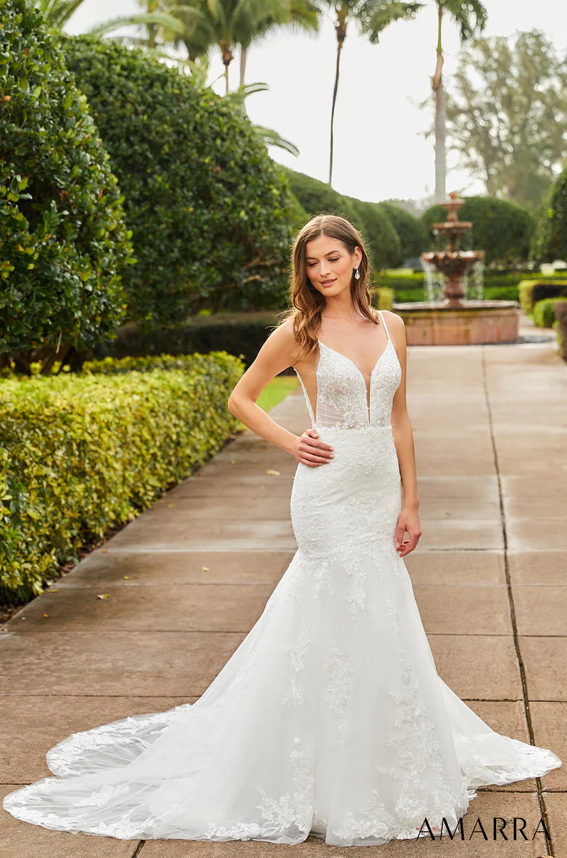 Glittering Evening Gown Amarra Bridal 84365 "Alexandra" Mermaid Spaghetti Strap Plunging neckline Sheer Embroidered Bodice Wedding Gown Glittering Evening Gown Amarra Bridal 84365 "Alexandra" Mermaid Spaghetti Strap Plunging neckline Sheer Embroidered Bodice Wedding Gown