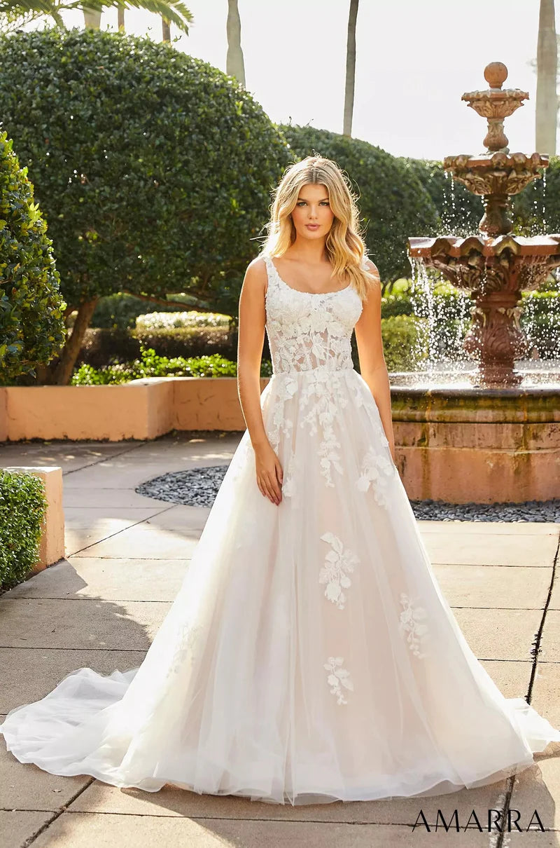 Chic Formal Gown Amarra Bridal 84392 "Amanda" Ballgown Scoop Neck Sheer Floral Corset Train Wedding Gown Chic Formal Gown Amarra Bridal 84392 "Amanda" Ballgown Scoop Neck Sheer Floral Corset Train Wedding Gown