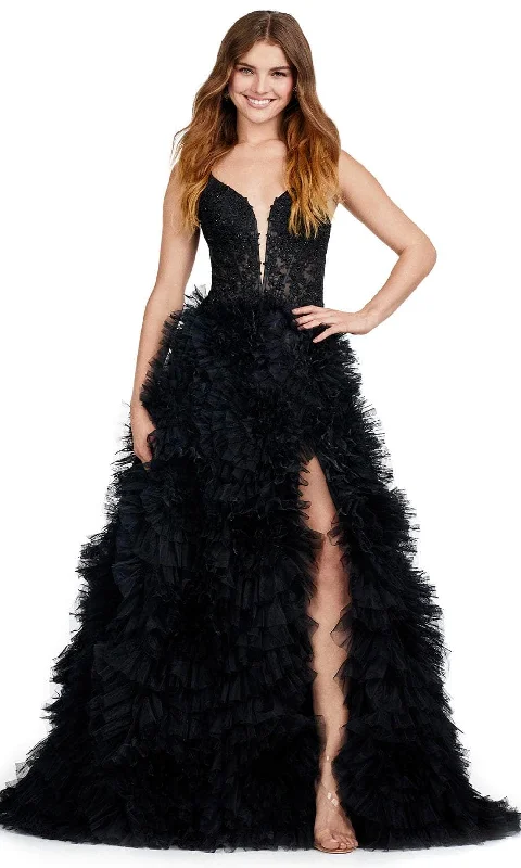 Illusion Neckline Dress Ashley Lauren 11446 - V-Neck Ruffled A-Line Prom Gown