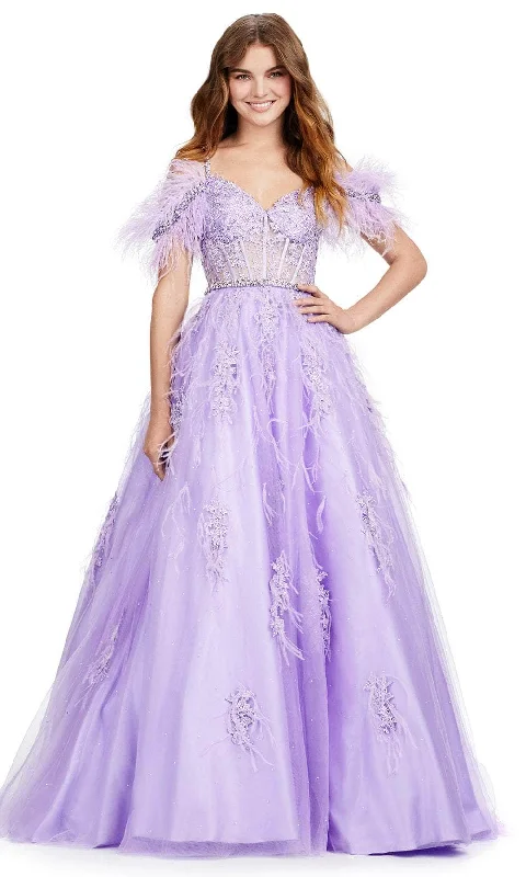Glitter Dress Ashley Lauren 11447 - Feathered Cold Shoulder Evening Gown