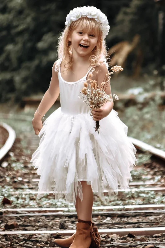 Ruched Satin Dress Asymmetrical Knee Length Tiered White Flower Girl Dress