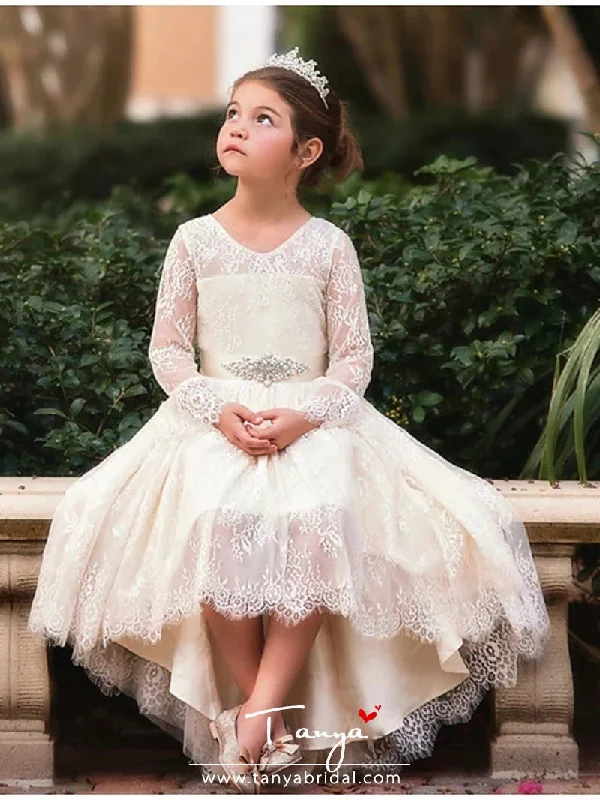 Formal Red Dress Ball Gown Asymmetrical Wedding Flower Girl Dresses Lace Long Sleeve V Neck with Bow Formal Red Dress Ball Gown Asymmetrical Wedding Flower Girl Dresses Lace Long Sleeve V Neck with Bow