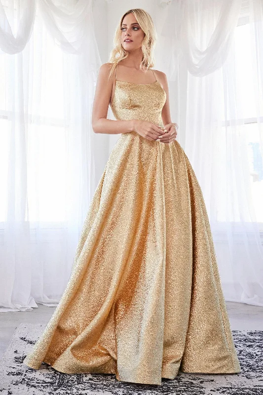 Taffeta Dress Cinderella Divine CD203 Long Spaghetti Strap Metallic Prom Ball Gown
