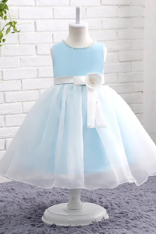 Elegant Gown Ball Gown Light Blue Pearl Flower Girl Dress