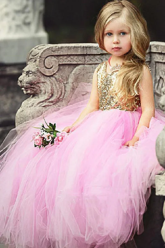 Velvet Dress Ball Gown Pink Sequins Long Flower Girl Dress