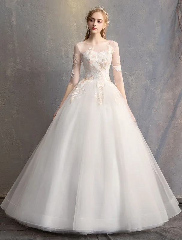 Chic Maxi Dress Ball Gown Princess Wedding Dresses Ivory Half Sleeve Backless Applique Bridal Dress Chic Maxi Dress Ball Gown Princess Wedding Dresses Ivory Half Sleeve Backless Applique Bridal Dress