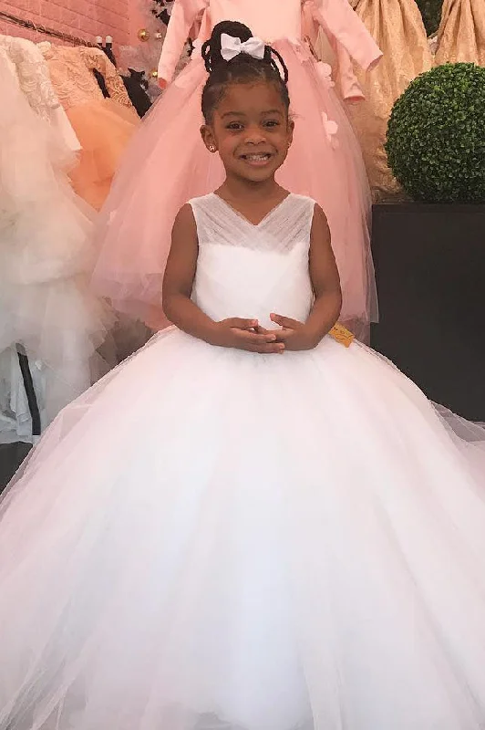 Modern Tulle Dress Ball gown V-Neck Long White Flower Girl Dress