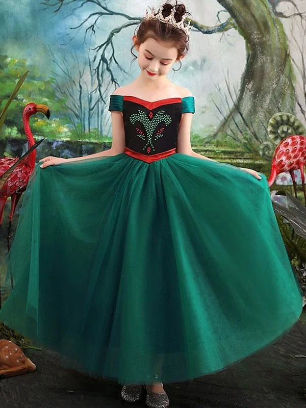 Polka Dot Gown Bateau Neck Tulle Flower Girl Dresses Short Sleeves Tea Length Princess Formal Kids Pageant Dresses