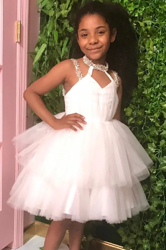 Sheer Panel Dress Beaded Straps Tiered White Flower Girl Dress