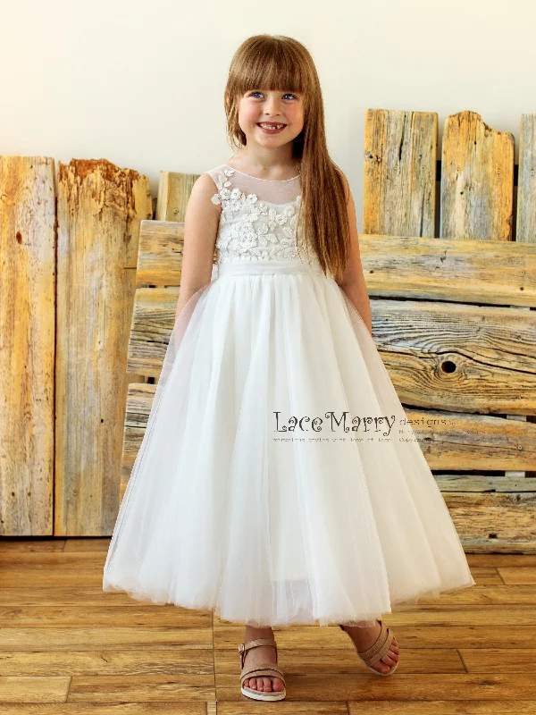 Regal Ball Gown BETCY / Junior Bridesmaid Dress with Ivory Flower Appliques