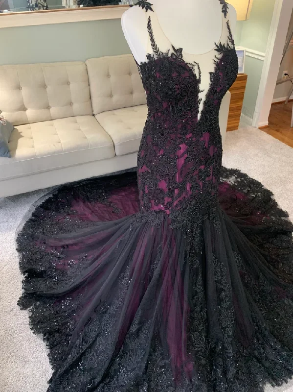 Applique Gown Black and Purple Wedding Dress, Gothic Wedding Dress, Trumpet Black Dress, Formal Dress fg2556 Applique Gown Black and Purple Wedding Dress, Gothic Wedding Dress, Trumpet Black Dress, Formal Dress fg2556