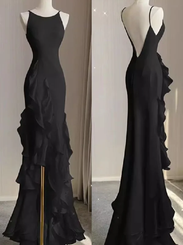 Statement Sleeve Dress Black Mermaid Beach Wedding Dress With Ruffles, Spaghetti Straps Backless Prom Gown fg4193 Statement Sleeve Dress Black Mermaid Beach Wedding Dress With Ruffles, Spaghetti Straps Backless Prom Gown fg4193