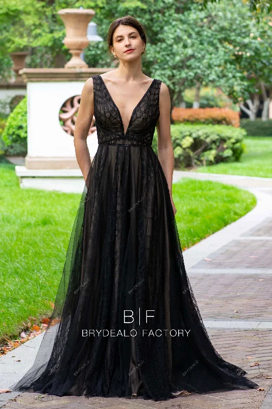 Draped Formal Dress Black Plunging Neck Designer Lace Tulle Gothic Wedding Dress