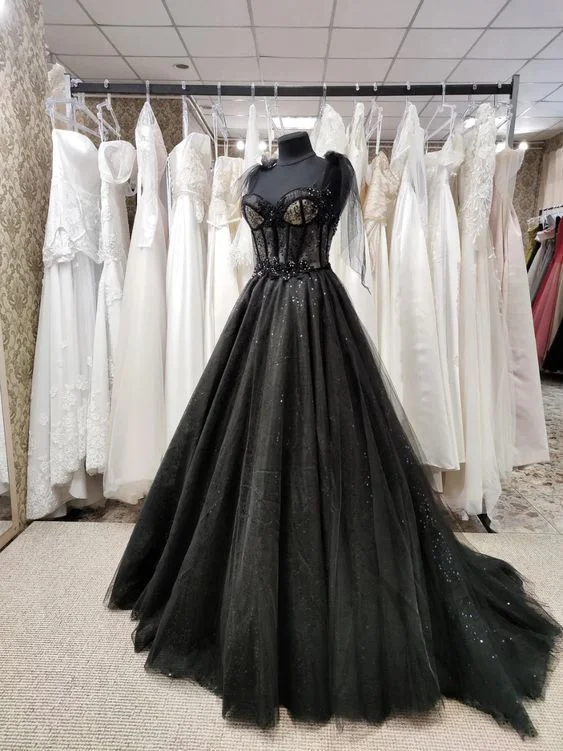 Elegant Evening Dress Black Wedding Dresses with Beaded Lace Appliques    fg2666