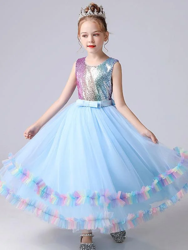 Party Dress Blue Kids Party Dresses Princess Dress Sequins Flower Girl Dresses Tulle Sleeveless