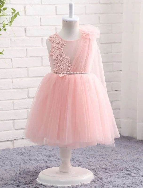 Fit And Flare Dress Blush Pink Little Flower Girl Dress Tulle Lace Applique Princess Knee Length  Pageant Dress With Side Draping