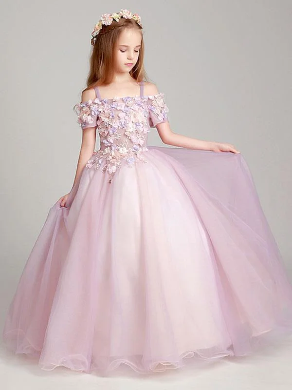 Fancy Evening Dress Blush Pink Off The Shoulder Flower Girl Dresses Illusion Applique Floor Length Kids Pageant Dresses Fancy Evening Dress Blush Pink Off The Shoulder Flower Girl Dresses Illusion Applique Floor Length Kids Pageant Dresses